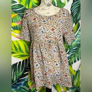 Vintage Via Max Tan Colorful Floral S/M Teacher Hipster Cottagecore Tunic Top